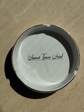 NWOT Sunset Tower Hotel White Ashtray with Gold Trim